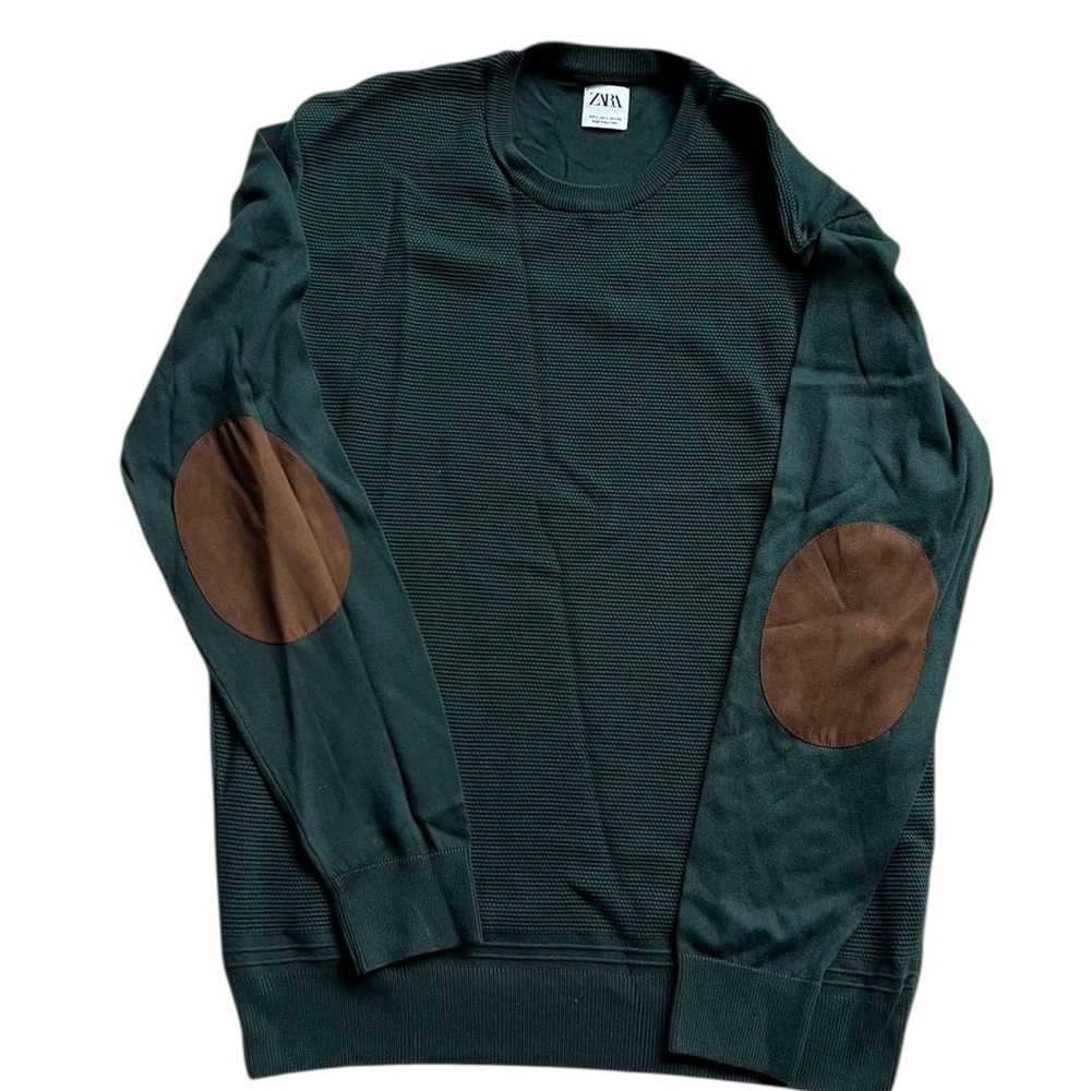 ZARA Crewneck Sweater with Front Waffle Texture and Brown Elbow Patches Size L
